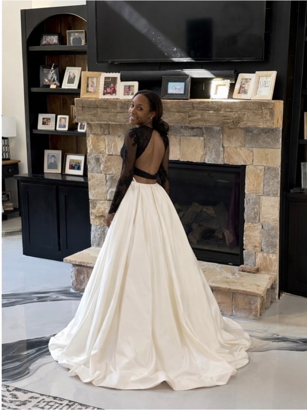 Sz 0 Sherri Hill Ivory Ball Gown with Black Lace Open-Back Top